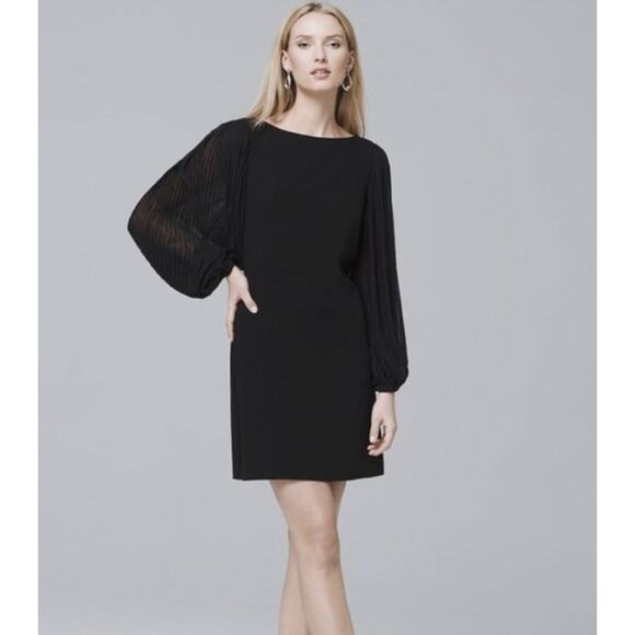 White House Black Market Pleated Chiffon Sleeve Shift Dress Women's Size 2 Black - Picture 3 of 10